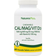 Natures Plus Cal 1200mg / Mag 600mg / Vit D3 25μg with Vitamin K2 100μg Συμπλήρωμα Διατροφής Ασβεστίου, Μαγνησίου, & Βιταμίνης D3 με Κ2 για την Καλή Υγεία των Οστών με Γεύση Βανίλια 60 Chew.tabs - Vanilla