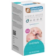 AlfaShield Sterile 5cmx5cm 16ply Gauze Εξαιρετικά Απαλές Αποστειρωμένες Γάζες Κατάλληλες για τον Καθημερινό Καθαρισμό Βρεφών 50 Τεμάχια