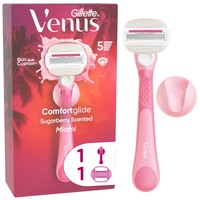 Gillette Venus ComfortGlide Miami Sugarberry  1 Λαβή & 1 Ανταλλακτικό & 1 Βάση Ντους - Γυναικεία Ξυριστική Μηχανή με 2 Ανταλλακτικές Κεφαλές 5 Λεπίδων & Άρωμα Sugarberry για Καλύτερη Ολίσθηση & Απαλό Ξύρισμα