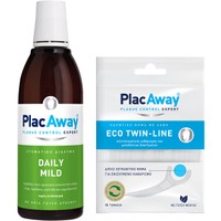 Plac Away Πακέτο Προσφοράς Mouthwash Daily Mild 500ml & Δώρο Eco Twin-Line 30 Τεμάχια - Στοματικό Διάλυμα Ενάντια στον Επανασχηματισμό της Μικροβιακής Πλάκας & Διπλό Λευκαντικό Οδοντικό Νήμα με Λαβή για Ενισχυμένο Καθαρισμό