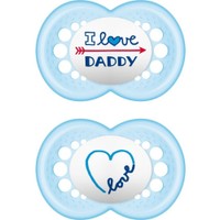 Mam I Love Mummy & Daddy Silicone Soother 6-16m Γαλάζιο - Γαλάζιο 2 Τεμάχια, Κωδ 170S - Ορθοδοντική Πιπίλα με Θηλή από Σιλικόνη με Θήκη Μεταφοράς Φιλική προς το Δερματάκι του Μωρού