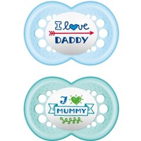 Mam I Love Mummy & Daddy Silicone Soother 6-16m Μπλε - Γαλάζιο 2, 2 Τεμάχια, Κωδ 170S - Ορθοδοντική Πιπίλα με Θηλή από Σιλικόνη με Θήκη Μεταφοράς Φιλική προς το Δερματάκι του Μωρού