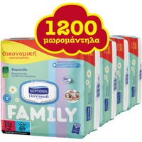 Septona Πακέτο Προσφοράς Dermasoft Baby Wipes Chamomille Family 1200 Τεμάχια (12x100 Τεμάχια) - Απαλά Μωρομάντηλα με Χαμομήλι, Ίνες Φυτικής Προέλευσης & 96% Νερό, σε Οικογενειακή Πολυσυσκευασία