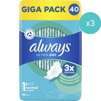 Σετ Always Giga Pack Ultra Normal Sanitary Towels with Wings Size 1, 120 Τεμάχια (3x40 Τεμάχια) - Σερβιέτες με Φτερά Κανονικού Μεγέθους για Άμεση Απορρόφηση & Εξουδετέρωση Οσμών