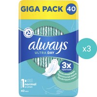 Σετ Always Giga Pack Ultra Normal Sanitary Towels with Wings Size 1, 120 Τεμάχια (3x40 Τεμάχια) - Σερβιέτες με Φτερά Κανονικού Μεγέθους για Άμεση Απορρόφηση & Εξουδετέρωση Οσμών