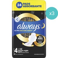 Σετ Always Ultra Secure Night Sanitary Towels with Wings Size 4, 72 Τεμάχια (3x24 Τεμάχια) - Σερβιέτες με Φτερά για Προστασία Κατά τη Διάρκεια της Νύχτας