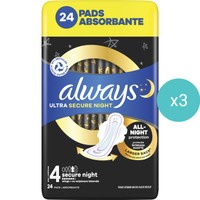 Σετ Always Ultra Secure Night Sanitary Towels with Wings Size 4, 72 Τεμάχια (3x24 Τεμάχια) - Σερβιέτες με Φτερά για Προστασία Κατά τη Διάρκεια της Νύχτας