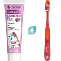 Σετ Frezyderm SensiTeeth Kids Tooth Paste 500ppm Fluoride + Calcium Crazy Berry 50ml & Soft Kids Toothbrush 1 Τεμάχιο - Πορτοκαλί - Οδοντόκρεμα για Παιδιά Από 3 έως 6 Ετών με Υπέροχη Γεύση Μούρων & Μαλακή Οδοντόβουρτσα για Παιδιά