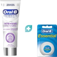 Σετ Oral-B Pro 3D White Clinical Intensive Whitening Toothpaste 75ml & Essential Waxed Dental Floss 50m - Οδοντόκρεμα για Αντιμετώπιση των Επιφανειακών Λεκέδων & Λευκότερα Δόντια από την Πρώτη Μέρα με Γεύση Δυόσμο & Ανθεκτικό Οδοντικό Νήμα με Κερί για Βαθύ Καθαρισμό