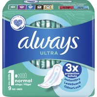 Always Ultra Normal Sanitary Towels with Wings Size 1, 9 Τεμάχια - Σερβιέτες Κανονικού Μεγέθους με Φτερά για Άμεση Απορρόφηση & Εξουδετέρωση Οσμών