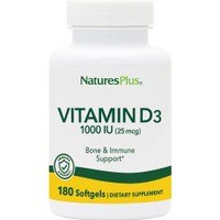 Natures Plus Vitamin D3 1000IU 180 Softgels - Συμπλήρωμα Διατροφής Βιταμίνης D3 για την Καλή Λειτουργία των Οστών, Δοντιών & Ανοσοποιητικού