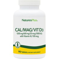 Natures Plus Cal 1200mg / Mag 600mg / Vit D3 25μg with Vitamin K2 100μg 90tabs - Συμπλήρωμα Διατροφής Ασβεστίου, Μαγνησίου, & Βιταμίνης D3 με Κ2 για την Καλή Υγεία των Οστών