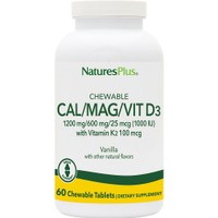 Natures Plus Cal 1200mg / Mag 600mg / Vit D3 25μg with Vitamin K2 100μg 60 Chew.tabs - Vanilla - Συμπλήρωμα Διατροφής Ασβεστίου, Μαγνησίου, & Βιταμίνης D3 με Κ2 για την Καλή Υγεία των Οστών με Γεύση Βανίλια