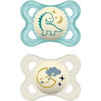 Mam Original Night Silicone Soother 2-6m 2 Τεμάχια, Κωδ 110S - Σιελ / Λευκό - Ορθοδοντική Πιπίλα Σιλικόνης που Λάμπει στο Σκοτάδι & Θήκη Μεταφοράς