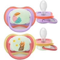 Philips Avent Ultra Air Nighttime Silicone Soother 18m+ Κωδ SCF376/33, 2 Τεμάχια Λιλά - Κοραλί - Ορθοδοντική Πιπίλα Σιλικόνης που Λάμπει στο Σκοτάδι