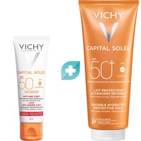 Σετ ​​​​​​​Vichy Capital Soleil Spf50 Anti-Age Antioxidant Protective Care 3 in 1, 50ml & Vichy Capital Soleil Invisible Hydrating Protective Milk Spf50+, 300ml  - Αντιρυτιδική Κρέμα Προσώπου Υψηλής Αντηλιακής Προστασίας με Τριπλή Δράση & Αντηλιακό Γαλάκτωμα Προσώπου - Σώματος Πολύ Υψηλής Προστασίας, Κατάλληλο για Ευαίσθητες Επιδερμίδες