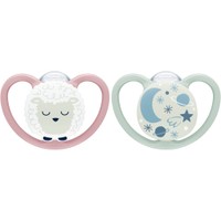 Nuk Space Night Silicone Soother 18-36m 2 Τεμάχια, Κωδ 10739658 - Μωβ / Μέντα - Πιπίλα Σιλικόνης που Λάμπει στο Σκοτάδι, με Σχεδιασμό που Επιτρέπει στην Επιδερμίδα να Αναπνέει