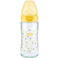 NUK First Choice Plus Glass Bottle Silicone 0-6m 240ml 1 Τεμάχιο, Κωδ 10745097 - Κίτρινο - Γυάλινο Μπιμπερό με Θηλή Σιλικόνης & Δείκτη Ελέγχου Θερμοκρασίας Μεσαίου Μεγέθους Κατάλληλο από τη Γέννηση