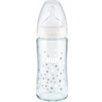 NUK First Choice Plus Glass Bottle Silicone 0-6m 240ml 1 Τεμάχιο, Κωδ 10745124 - Λευκό - Γυάλινο Μπιμπερό με Θηλή Σιλικόνης & Δείκτη Ελέγχου Θερμοκρασίας Μεσαίου Μεγέθους Κατάλληλο από τη Γέννηση