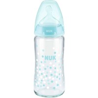NUK First Choice Plus Glass Bottle Silicone 0-6m 240ml 1 Τεμάχιο, Κωδ 10745125 - Μπλε - Γυάλινο Μπιμπερό με Θηλή Σιλικόνης & Δείκτη Ελέγχου Θερμοκρασίας Μεσαίου Μεγέθους Κατάλληλο από τη Γέννηση