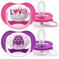 Avent Ultra Air Happy 6-18m SCF080/10, 2 Τεμάχια - Ροζ - Μωβ - Ελαφριά Πιπίλα Σιλικόνης για Ανακούφιση & Άνεση