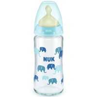 Nuk First Choice Plus Glass Bottle Latex Medium 240ml - Μπλε - Γυάλινο Μπιμπερό με Θηλή Καουτσούκ Κατά των Κολικών & Δείκτη Ελέγχου Θερμοκρασίας από 0 Έως 6 Μηνών