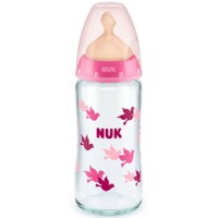 Nuk First Choice Plus Glass Bottle Latex Medium 240ml - Ροζ - Γυάλινο Μπιμπερό με Θηλή Καουτσούκ Κατά των Κολικών & Δείκτη Ελέγχου Θερμοκρασίας από 0 Έως 6 Μηνών