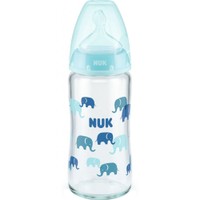 Nuk First Choice Plus Glass Bottle Temperature Control Silicone Medium 0-6m 240ml, Κωδ 10745124 - Γαλάζιο - Γυάλινο Μπιμπερό με Θηλή Σιλικόνης Κατά των Κολικών & Δείκτη Ελέγχου Θερμοκρασίας από 0 Έως 6 Μηνών