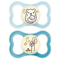 Mam Air Night Silicone Soother 6-16m 2 Τεμάχια, Κωδ 217SBc - Γαλάζιο / Μπλε - Ορθοδοντική Πιπίλα Σιλικόνης με Μεγάλες Οπές για Καλύτερο Εξαερισμό του Δέρματος της Περιστοματικής Περιοχής που Λάμπει στο Σκοτάδι