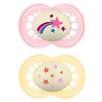 Mam Original Night Silicone Soother 16m+, 2 Τεμάχια, Κωδ 260SGc - Ροζ / Κίτρινο - Ορθοδοντική Πιπίλα Σιλικόνης που Λάμπει στο Σκοτάδι για Εύκολο Εντοπισμό