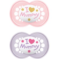 Mam Original Ι Love Mummy Silicone Soother 6-16m 2 Τεμάχια, Κωδ 170SG1C - Ροζ / Μωβ - Ορθοδοντική Πιπίλα με Θηλή Σιλικόνης Φιλική προς το Δερματάκι του Μωρού με Πρακτική Θήκη Μεταφοράς