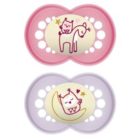 Mam Original Night Orthodontic Silicone Soother 16m+, 2 Τεμάχια - Φούξια / Λιλά - Ορθοδοντική Πιπίλα Σιλικόνης που Λάμπει στο Σκοτάδι