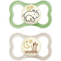 Mam Air Night Silicone Soother 6-16m Κωδ 217SUc, 2 Τεμάχια - Πράσινο / Κρεμ - Ορθοδοντική Πιπίλα Σιλικόνης με Μεγάλες Οπές για Καλύτερο Εξαερισμό του Δέρματος της Περιστοματικής Περιοχής που Λάμπει στο Σκοτάδι