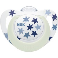 Nuk Star Night Silicone Soother 18-36m 1 Τεμάχιο - Μπλε - Εξαιρετικά Μαλακή Ορθοδοντική Πιπίλα Σιλικόνης που Λάμπει στο Σκοτάδι με Θήκη Μεταφοράς