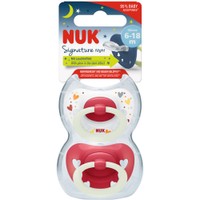 Nuk Signature Night Silicone Soother 6-18m, 2 Τεμάχια - Κόκκινο - Ορθοδοντική Πιπίλα Σιλικόνης με Κρίκο που Λάμπει στο Σκοτάδι