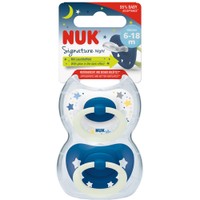 Nuk Signature Night Silicone Soother 6-18m, 2 Τεμάχια - Μπλε - Ορθοδοντική Πιπίλα Σιλικόνης με Κρίκο που Λάμπει στο Σκοτάδι