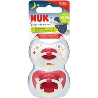 Nuk Signature Night Silicone Soother 18-36m, 2 Τεμάχια - Κόκκινο - Ορθοδοντική Πιπίλα Σιλικόνης με Κρίκο που Λάμπει στο Σκοτάδι