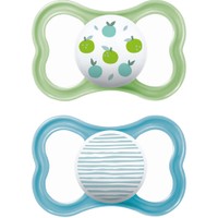 Mam Air Orthodontic Latex Soother 6-16m Κωδ 216L, 2 Τεμάχια - Πράσινο / Μπλε - Ορθοδοντική Πιπίλα από Καουτσούκ με Μεγάλες Οπές Αερισμού & Θήκη Μεταφοράς