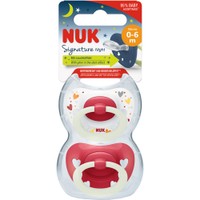 Nuk Signature Night Silicone Soother 0-6m, 2 Τεμάχια - Κόκκινο - Ορθοδοντική Πιπίλα Σιλικόνης με Κρίκο που Λάμπει στο Σκοτάδι