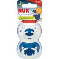Nuk Signature Night Silicone Soother 0-6m, 2 Τεμάχια - Μπλε - Ορθοδοντική Πιπίλα Σιλικόνης με Κρίκο που Λάμπει στο Σκοτάδι