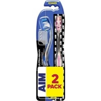 AIM Promo Ultra Reach Metal Core Medium Toothbrush 2 Τεμάχια - Μπλε / Ροζ - Οδοντόβουρτσα με Συμπαγή Κεφαλή, Μακρύ Λαιμό & Μέτριας Σκληρότητας Ίνες για τα Βαθύ Καθαρισμό & στα Δύσκολα Σημεία