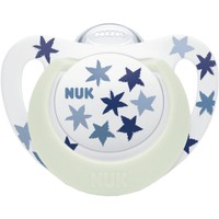 Nuk Star Night Silicone Soother 6-18m 1 Τεμάχιο - Μπλε - Εξαιρετικά Μαλακή Ορθοδοντική Πιπίλα Σιλικόνης που Λάμπει στο Σκοτάδι με Θήκη Μεταφοράς