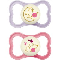 Mam Air Night Silicone Soother 16m+ 2 Τεμάχια, Κωδ 277SGc - Λιλά / Ροζ - Ορθοδοντική Πιπίλα Σιλικόνης με Μεγάλες Οπές για Καλύτερο Εξαερισμό του Δέρματος της Περιστοματικής Περιοχής που Λάμπει στο Σκοτάδι