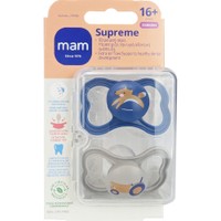 Mam Supreme Silicone Soother 16m+, 2 Τεμάχια, Κωδ 295SBc - Μπλε Σκούρο / Γκρι - Ορθοδοντική Πιπίλα Σιλικόνης που Υποστηρίζει την Υγιή Οδοντική Ανάπτυξη