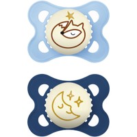 Mam Original Night Silicone Soother 2-6m 2 Τεμάχια, Κωδ 110SBc - Γαλάζιο / Μπλε - Ορθοδοντική Πιπίλα Σιλικόνης που Λάμπει στο Σκοτάδι με Θήκη Μεταφοράς