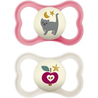 Mam Supreme Night Silicone Soother 16m+, 2 Τεμάχια, Κωδ 298S - Ροζ / Ζαχαρί - Ορθοδοντική Πιπίλα Σιλικόνης που Λάμπει στο Σκοτάδι