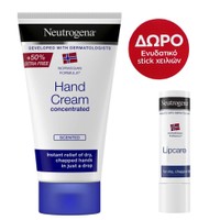 Neutrogena Πακέτο Προσφοράς Hand Cream Concentrated Scented 75ml & Δώρο Neutrogena Lip Care Stick 4.8gr - Συμπυκνωμένη κρέμα χεριών με Άρωμα για Σκασμένα Χέρια &  Στικ Φροντίδας Χειλιών