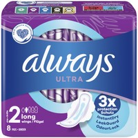 Always Ultra Long Plus Sanitary Towels With Wings Size 2, 8 Τεμάχια - Σερβιέτες με Φτερά για Άμεση Απορροφητικότητα