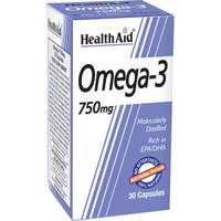 Health Aid Omega 3, 750mg 30caps - Συμπλήρωμα Διατροφής Συμπυκνωμένου Ιχθυέλαιου Πλούσιο σε Ωμέγα 3 Λιπαρά Οξέα για την Υποστήριξη της Καλής Υγείας της Καρδιάς, Εγκεφάλου & Όρασης