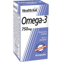 Health Aid Omega 3, 750mg 60caps - Συμπλήρωμα Διατροφής Συμπυκνωμένου Ιχθυελαίου για τη Διατήρηση της Φυσιολογικής Εγκεφαλικής & Καρδιαγγειακής Λειτουργίας, της Αρτηριακής Πίεσης, των Επιπέδων Τριγλυκεριδίων & της Φυσιολογικής Όρασης Χωρίς Επίγευση Ψαριού